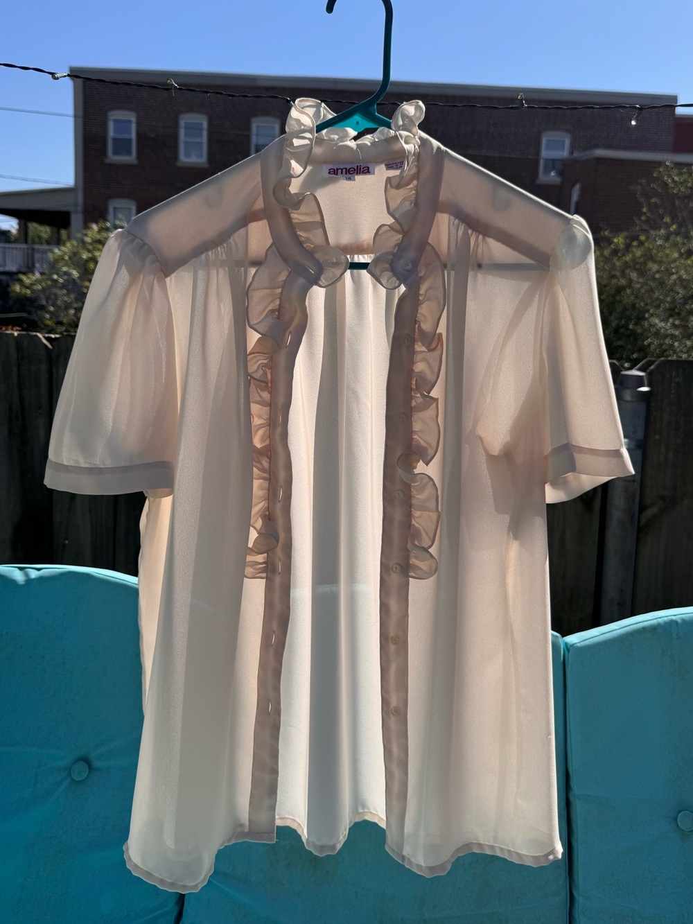 Ruffle-Trim Vintage Sheer Blouse in Soft Cream